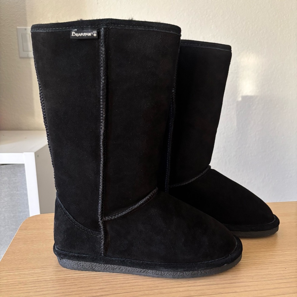 Bearpaw 115W-Cloud Black Suede Mid Calf Boots Sheepskin Lined Women’s Size 7